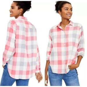 Ann Taylor LOFT Womens Plaid Cozy Flannel Pocket Shirt Size M Pink Gray Soft Top